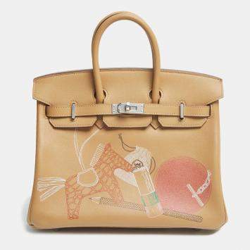 Pre Owned Hermès Biscuit Swift Leather Palladium Finish In and Out Birkin 25 Bag