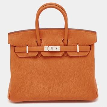 Pre Owned Hermes Orange Togo Leather Palladium Finish Birkin 25 Bag