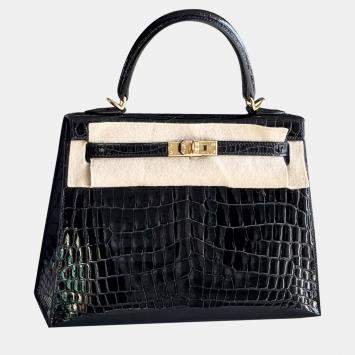 Hermes Shiny Black Crocodile Niloticus Kelly Sellier 25 Handbag