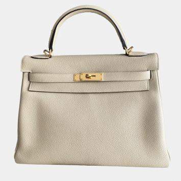 Hermes Beige Leather Kelly Retourne 32 Top Handle Bag