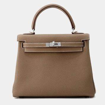 Hermes Etoupe Togo Leather Kelly 25 Top Handle Bag 