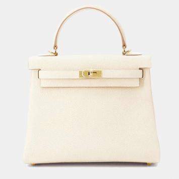 Hermes Kelly Retourne 25 Craie Togo Leather Top Handle Bag