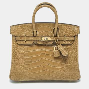 Pre Owned Hermes Poussiere Alligator Gold Finish Birkin 25 Bag