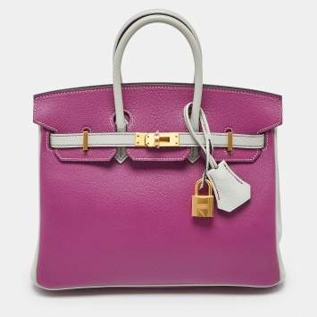 Hermes Rose Pourpre/Gris Perle Leather Gold Finish Birkin 25 Bag