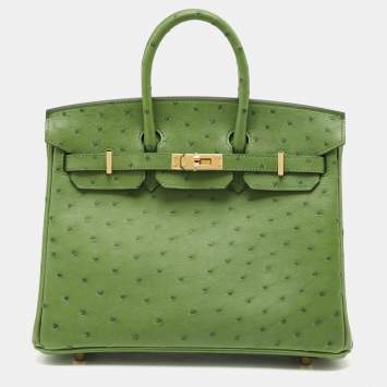 Pre Owned Hermès Vert Yucca Ostrich Gold Finish Birkin 25 Bag