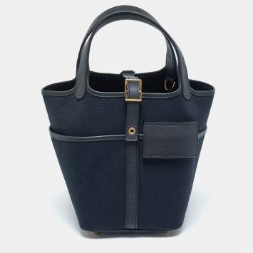 Pre Owned Hermès Bleu Marine/Noir Toile Goeland and Swift Leather Cargo Picotin Lock 18 Bag