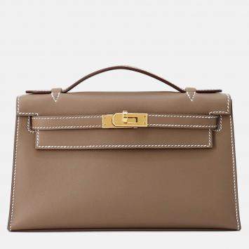 Pre Owned Hermes Pochette Kelly Etoupe Swift Leather Bag