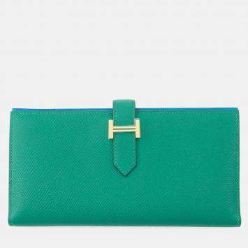 Pre Owned Hermes Bearnsfre Verso Vert Jade/Blue Zanzibar Epsom Wallet