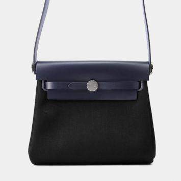 Pre Owned Hermes Herbag Mini Zip Blue Indigo/Black Toile Military Vache Hunter Leather 