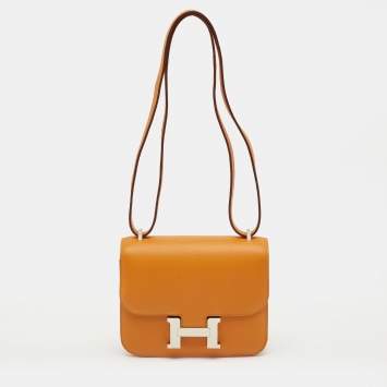 Pre Owned Hermes Abricot/Rouge Evercolor Leather Palladium Finish Constance 18 Mini Bag