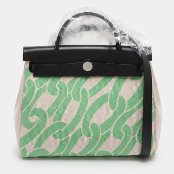 Pre Owned Hermès Vert Comics/Black H Plume Canvas and Vache Hunter Leather Maillons & Co Motif Herbag Zip 31 Bag