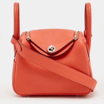 Pre Owned Hermes Orange Field Taurillon Clemence Leather Palladium Finish Mini Lindy Bag