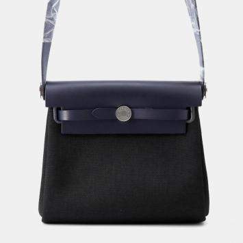 Pre Owned Hermes Herbag Zip Blue Indigo/Black Vache Hunter Leather Toile Military Mini Handbag