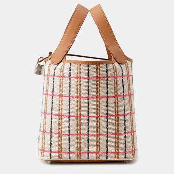 Pre Owned Hermes Picotin Lock Blanket Gold/Ecru/Fauve/Rose Pop Toile H Swift Leather Size PM