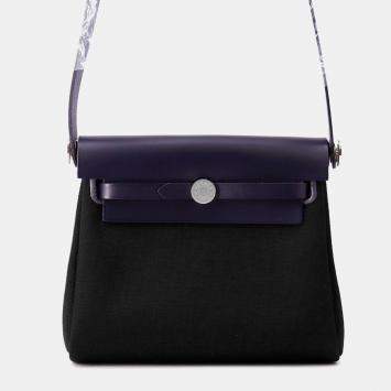 Pre Owned Hermes Herbag Zip Blue Indigo/Black Toile Military Vache Hunter Leather Size Mini