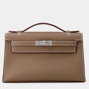 Pre Owned Hermes Pochette kelly Etoupe Swift Leather