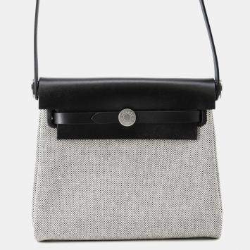 Pre Owned Hermes Herbag Zip Mini Black/Ecru Toile H Vache Hunter Leather Bag 