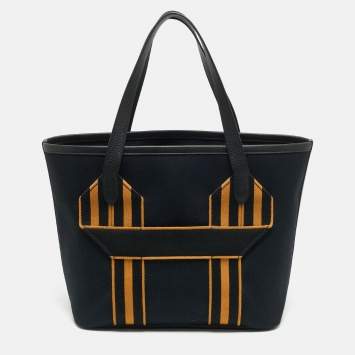 مملوكة مسبقًا حقيبة هيرمس بورسانغل قماش نوير/كراميل عسكري وتوريلون كليمنس جلد توت