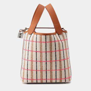 Pre Owned Hermes Picotin Lock 18 Blanket Gold/Ecru/Fauve/Rose Pop Toile H Swift Leather Handbag