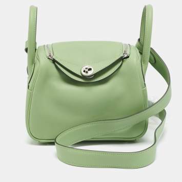 Pre Owned Hermes Lindy Mini Palladium Finish Vert Criquet Swift Leather Shoulder Bag