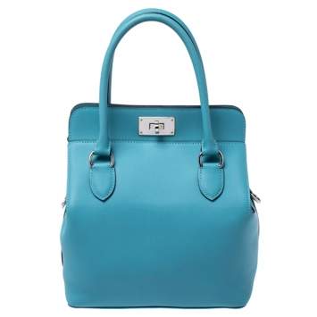 Pre Owned Hermes Aqua Swift Leather Palladium Hardware Toolbox 20 Satchel