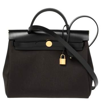 Pre Owned Hermes Black/Ebene Canvas and Leather Herbag Zip 31 Bag