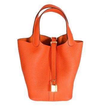 Pre Owned Hermes Feu/Orange Clemence Leather Picotin Lock 18 Bag