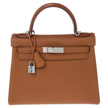 Pre Owned Hermes Gold Crocodile and Togo Leather Palladium Plated Kelly Touch Retourne 28 Bag
