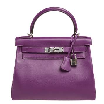 Pre Owned Hermes Anemone Evercolor Leather Palladium Plated Kelly Retourne 28 Bag