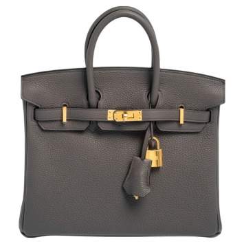 Pre Owned Hermes Gris Etain Togo Leather Gold Plated Birkin 25 Bag 