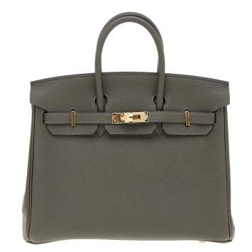 Pre Owned Hermes Vert De Gris Togo Leather Gold Finished Birkin 25 Bag 