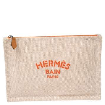 Pre Owned Hermes Bain Beige/White Cotton Canvas New Yachting Case Small Pouch