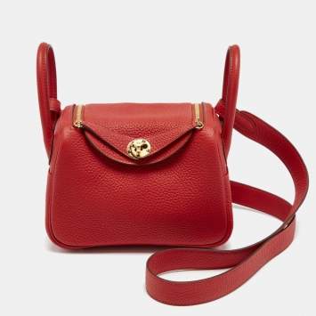 Pre Owned Hermès Rouge Tomate Taurillon Clemence Leather Gold Finish Mini Lindy Bag