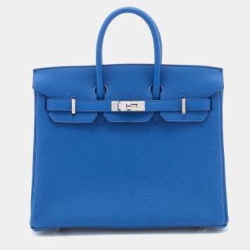 Pre Owned Hermes Bleu France Togo Leather Palladium Plated Birkin 25 Bag
