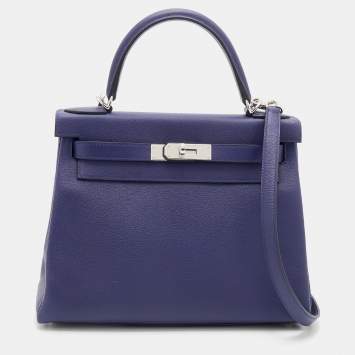 Pre Owned Hermès Bleu Encre/Bleu Zellige Evercolor Leather Palladium Plated Kelly 28 Retourne Bag