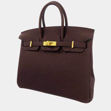 Pre Owned Hermes Burgundy Togo Leather Gold Plated Hardware Birkin 25 Tote Bag
