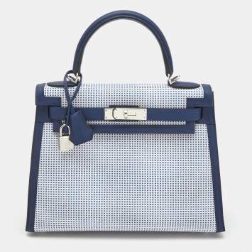 Pre Owned Hermes Bleu Saphir/Ecru/Mauve Sylvestre Toile Quadrille and Swift Leather Kelly Sellier 28 Bag
