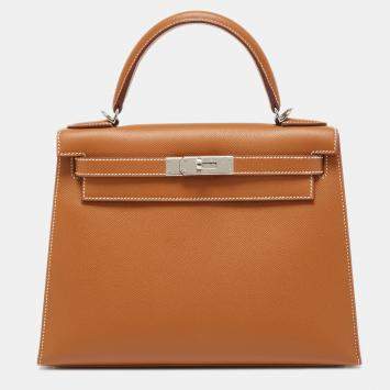 Pre Owned Hermes Gold Epsom Leather Palladium Finish Kelly Sellier 28 Bag