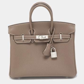 Pre Owned Hermes Etoupe Togo Leather Palladium Finish Birkin 25 Bag 
