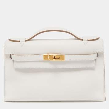 Pre Owned Hermès Gris Pale Swift Leather Gold Finish Kelly Pochette