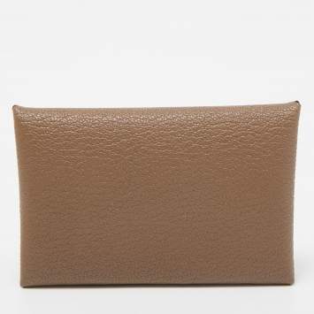 Pre Owned Hermès Etoupe Chevre Mysore Leather Calvi Card Holder