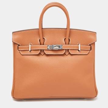 Pre Owned Hermes Gold/Gris Tourterelle Taurillon Novillo Leather Palladium Finish Birkin 25 Bag