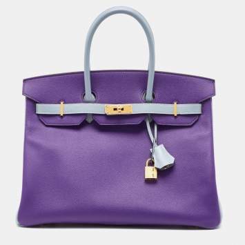 Pre Owned Hermes Crocus/Bleu Lin Epsom Leather Gold Finish Birkin 35 Bag