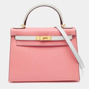 Pre Owned Hermes Rose Confetti/Mykonos/Blanc Epsom Leather Brushed Gold Finish Kelly Sellier 28 Bag