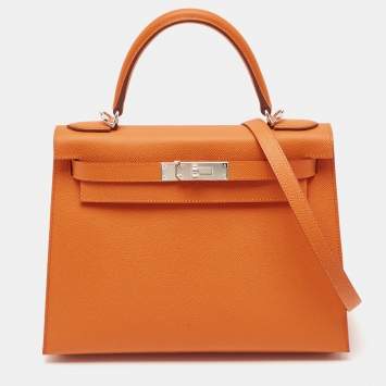 Pre Owned Hermes Orange Epsom Leather Palladium Finish Kelly Sellier 28 Bag
