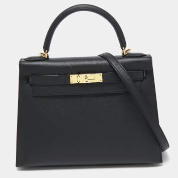 Pre Owned Hermes Noir Epsom Leather Gold Finish Kelly Sellier 28 Bag