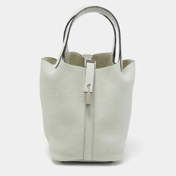 Pre Owned Hermes Gris Neve Taurillon Clemence Leather and Matte Alligator Picotin Lock 18 Bag