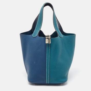 Pre Owned Hermès Deep Bleu/Vert Bosphore Taurillon Clemence Leather Picotin Lock 22 Bag