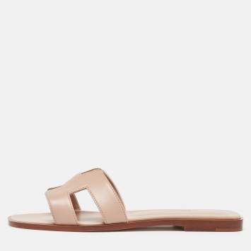 Pre Owned Hermès Beige Leather Oran Flat Slides Size 38.5