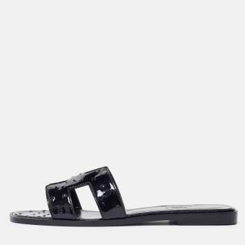 Pre Owned Hermès Black Patent Ostrich Oran Flat Slides Size 38
